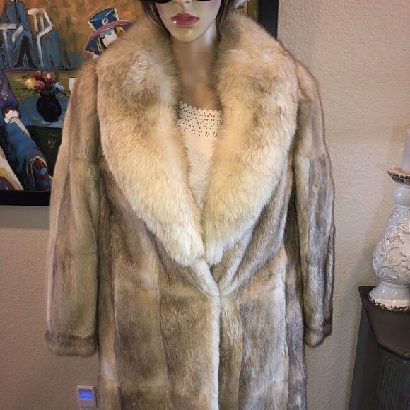 Long Cream Cross Mink Coat Large Fox Fur Collar - Picture 1 of 17
